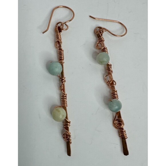 Artisan Crafted Hammered Copper And With  Wrapped Amazonite Dangle Earrings - Picture 3 of 7